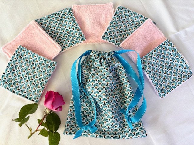 Ensemble lingettes coton bleu éventails - Eponge bambou rose