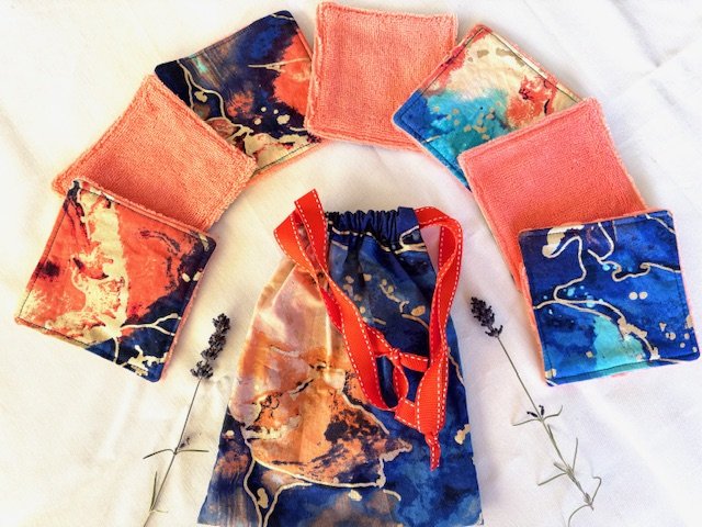 Ensemble lingettes wax bleu orange doré - Eponge bambou corail