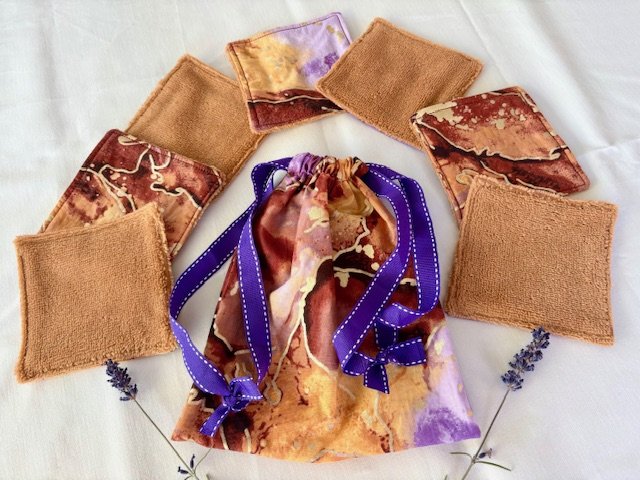 Ensemble lingettes wax marron mauve doré - Eponge bambou camel