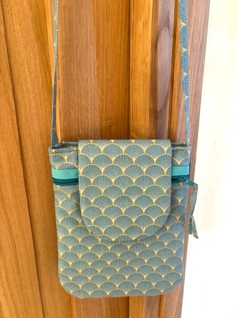 Mini sac bandoulière coton bleu doré éventails et simili