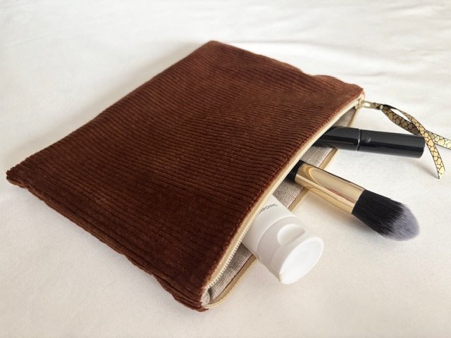 Pochette de Toilette et Maquillage Velours Côtelé Marron