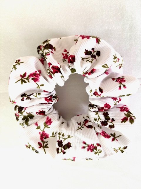 Chouchou coton milleraies bouquet rose et rouge fait main