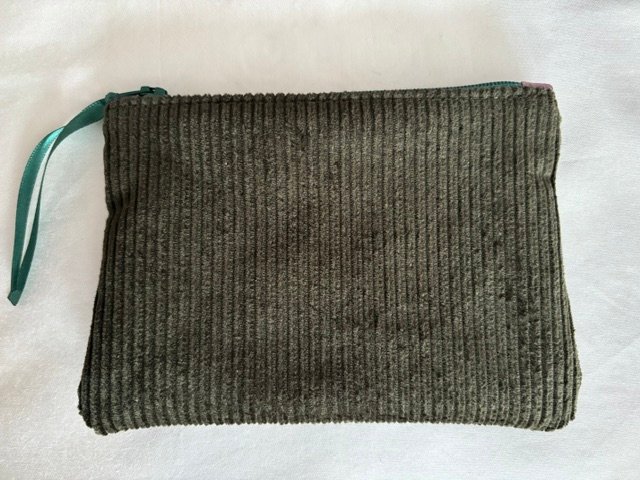 Porte-monnaie velours vert olive doublé wax